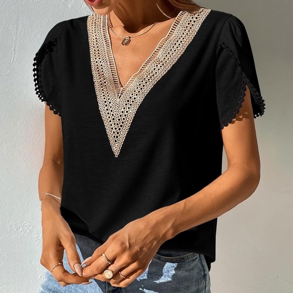 Black v neck top womens - Picture 2 of 2